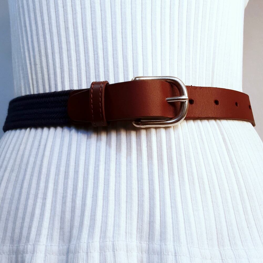 💎Crewcut Boys Braided Elastic Belt Size Medium Navy Blue Bungee Brown Leather